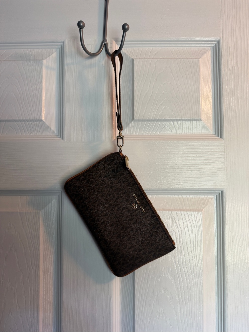Michael Kors Dark Brown Signature Zip Wristlet with Gold Hardware